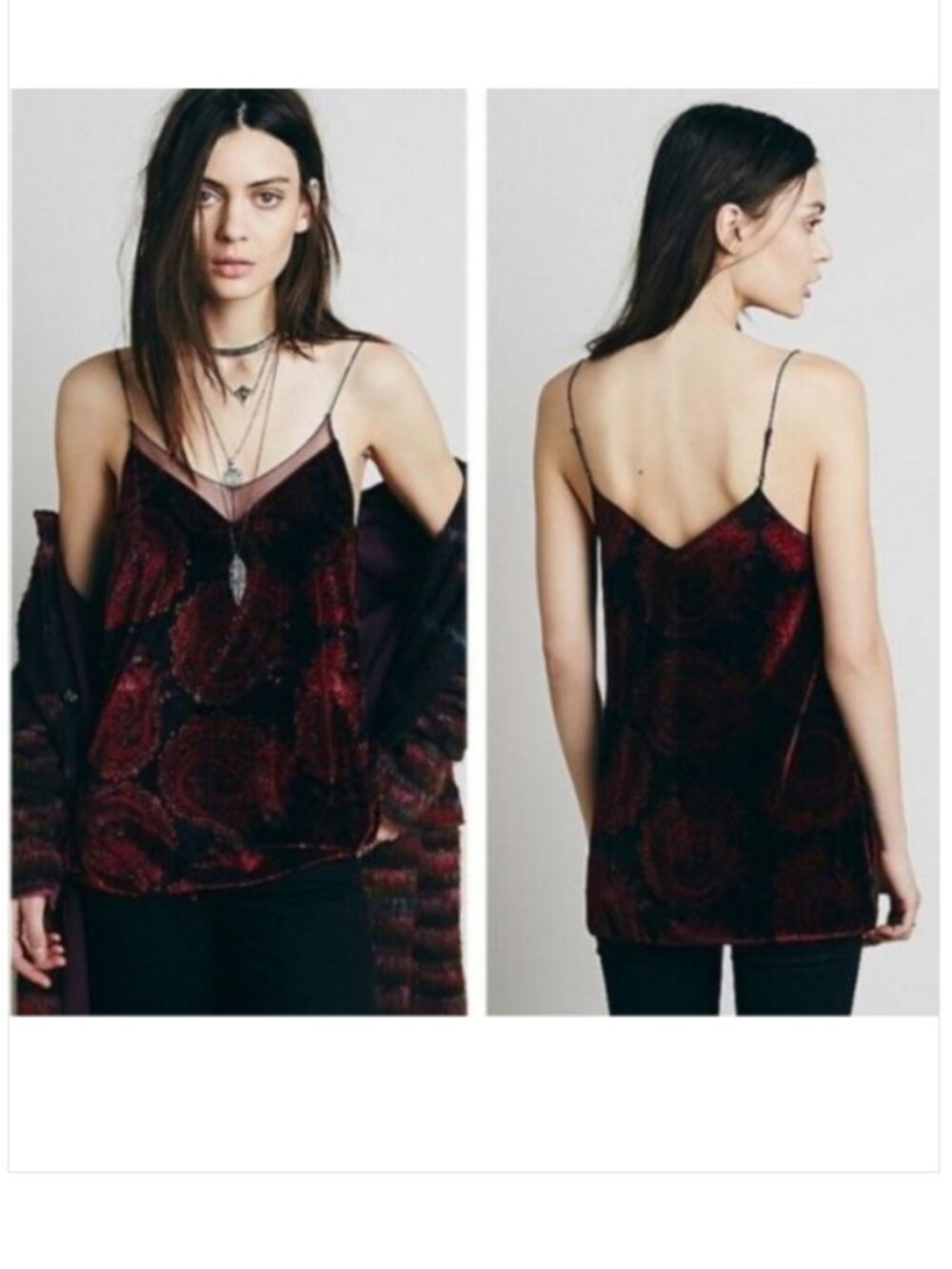 Free People Black Red Drippy Velvet Print Tank Top Cami
